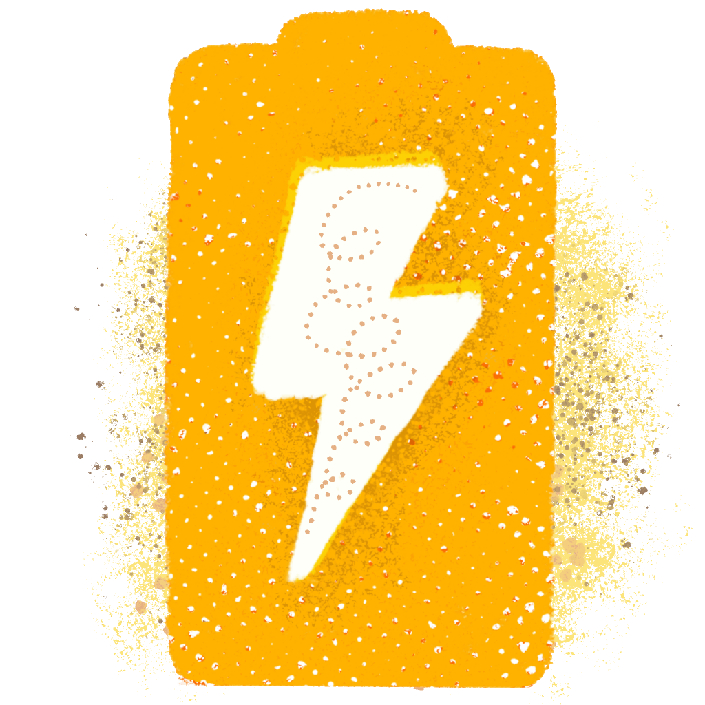 A white lightning bolt is centered on an orange background with scattered white dots.