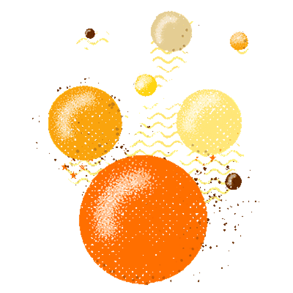 Six circles of varying sizes and colors are scattered on a white background, with yellow zigzag lines and small brown dots.