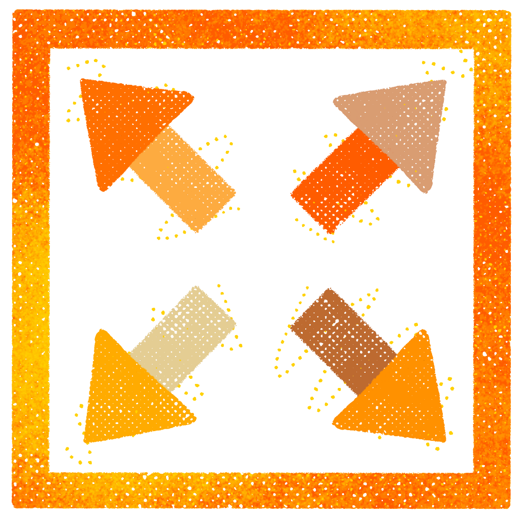 Four arrow-like shapes in orange and brown are arranged on a white background, surrounded by a square frame with orange dots.