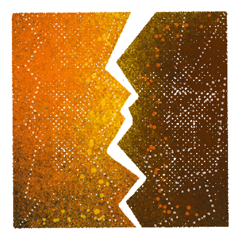 A jagged white line divides a gradient background of orange, yellow, and brown, speckled with white dots.