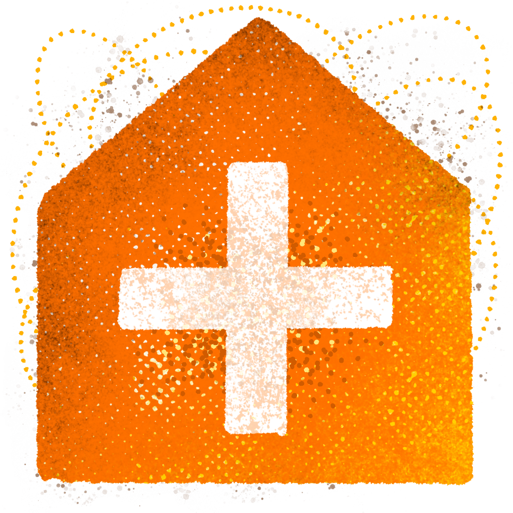 An orange house shape with a white cross at its center, set against a white background with scattered brown dots.