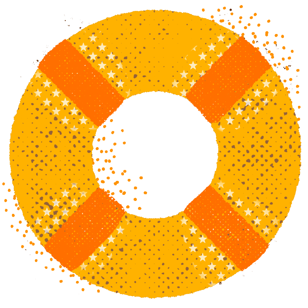 A yellow life preserver with orange stripes and white stars is depicted against a white background.