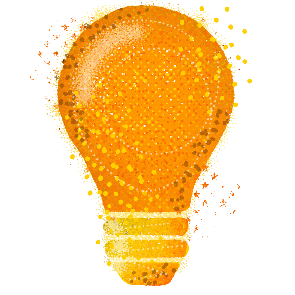 A yellow lightbulb with orange dots is centered against a white background, with orange and yellow stars scattered around it.
