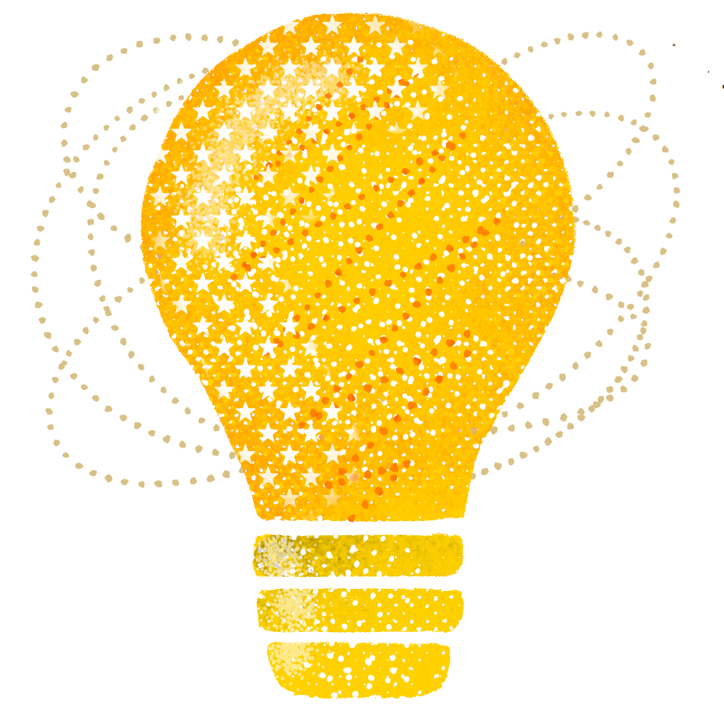 A yellow lightbulb with white stars and a dotted background is centered against a white background.