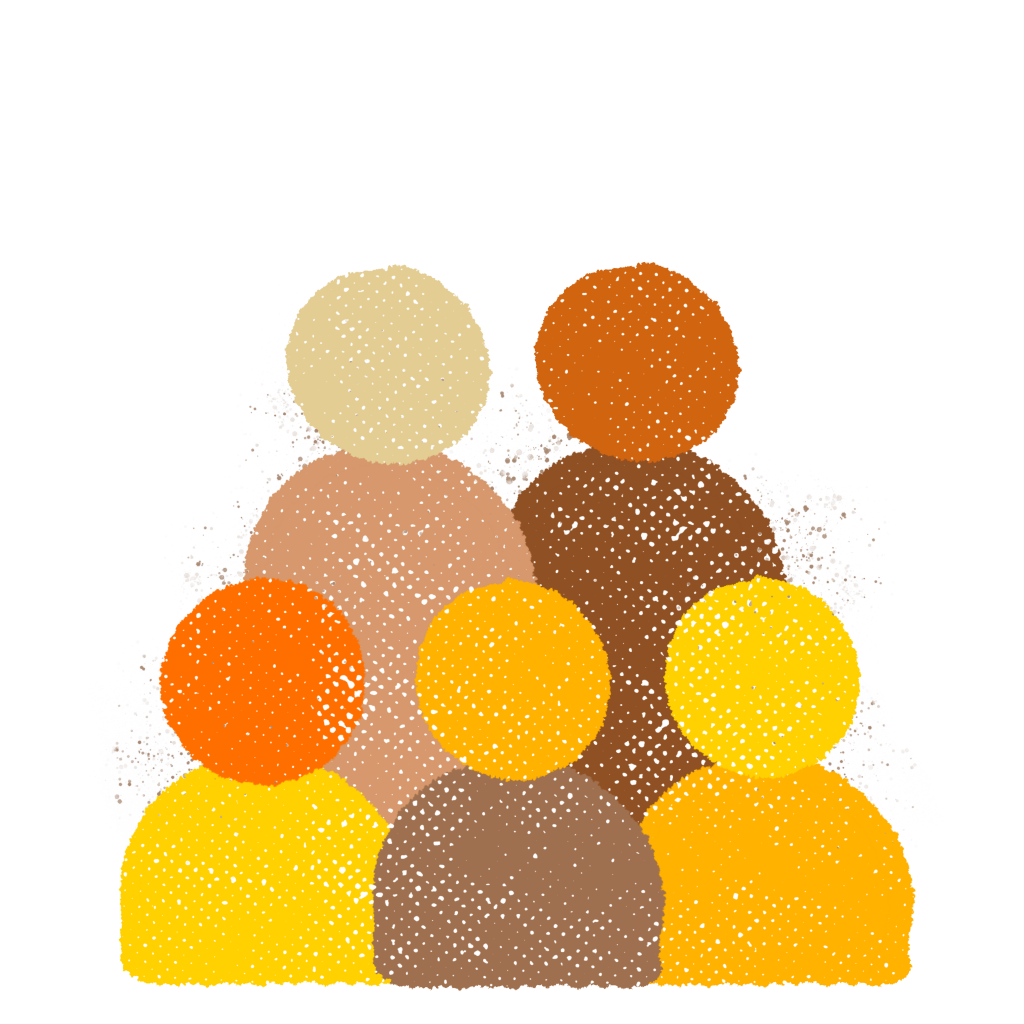 Five overlapping circles in orange, yellow, brown, and beige are set against a white background with scattered black specks.