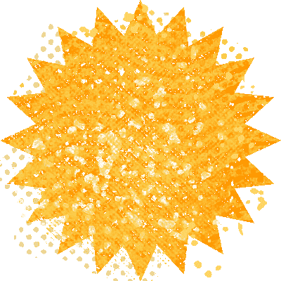 A vibrant yellow sunburst with scattered white spots is set against a contrasting green background.