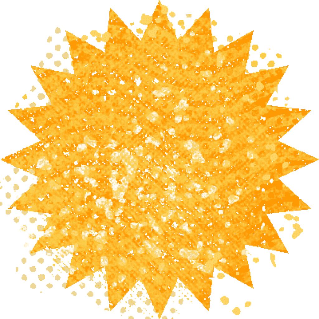 A vibrant yellow sunburst with scattered white spots is set against a contrasting green background.