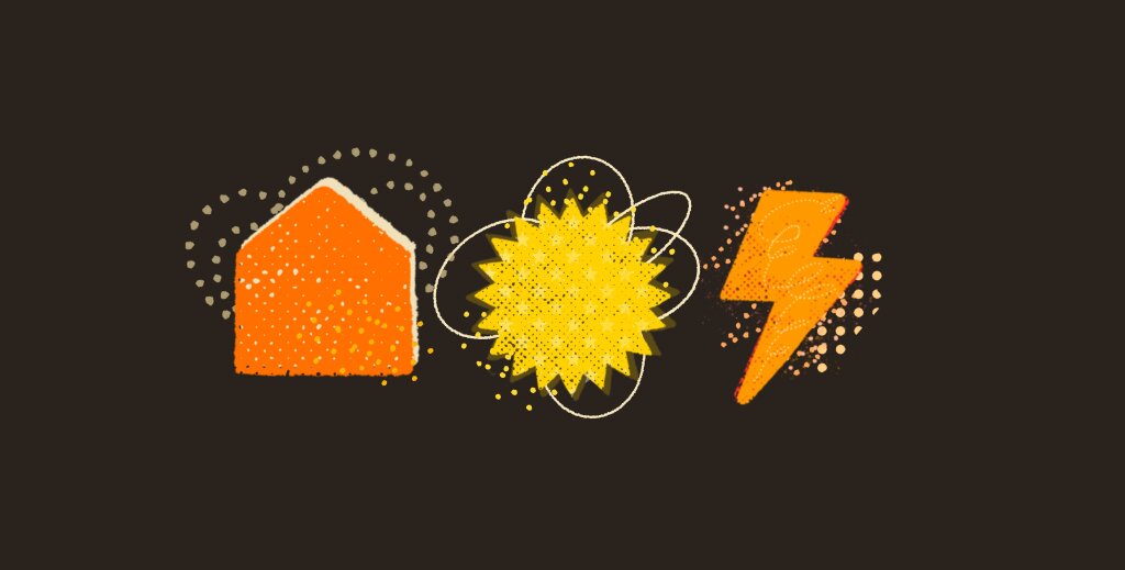 An orange house, a yellow starburst, and a yellow lightning bolt are arranged horizontally against a dark brown background.