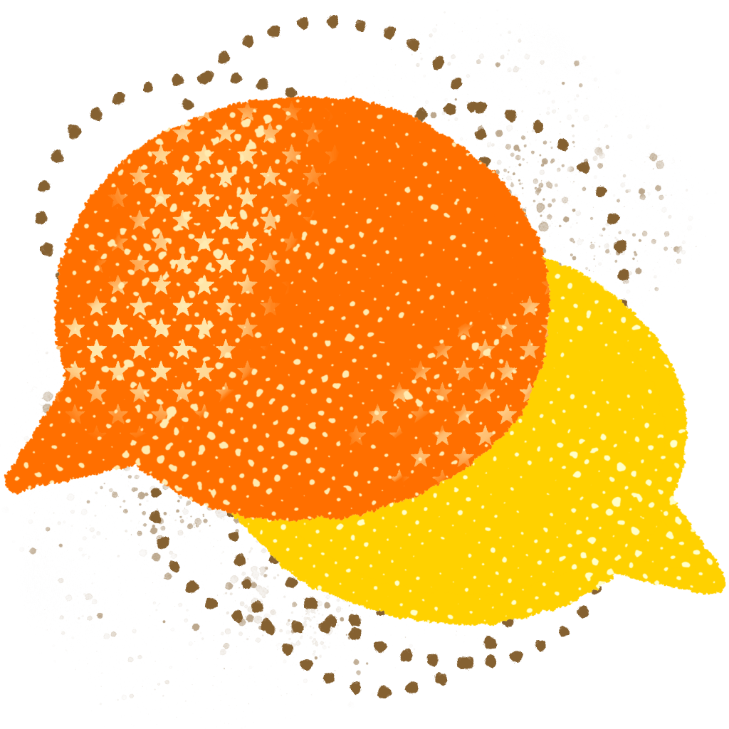 Two overlapping speech bubbles, one orange with white stars and one yellow with white dots, are set against a white background with scattered brown dots.