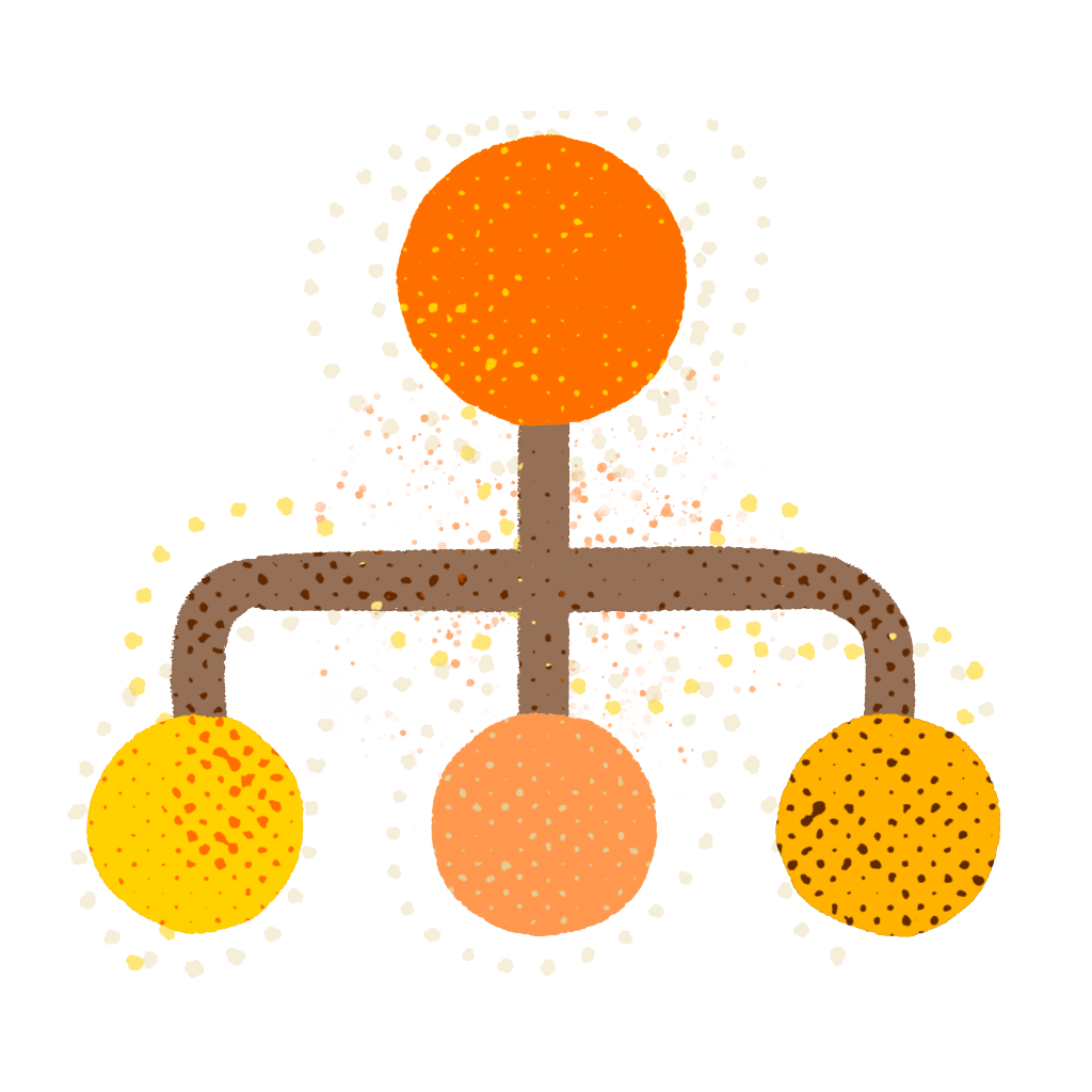 A brown figure with three orange circles and a curved brown line is surrounded by scattered orange dots on a white background.