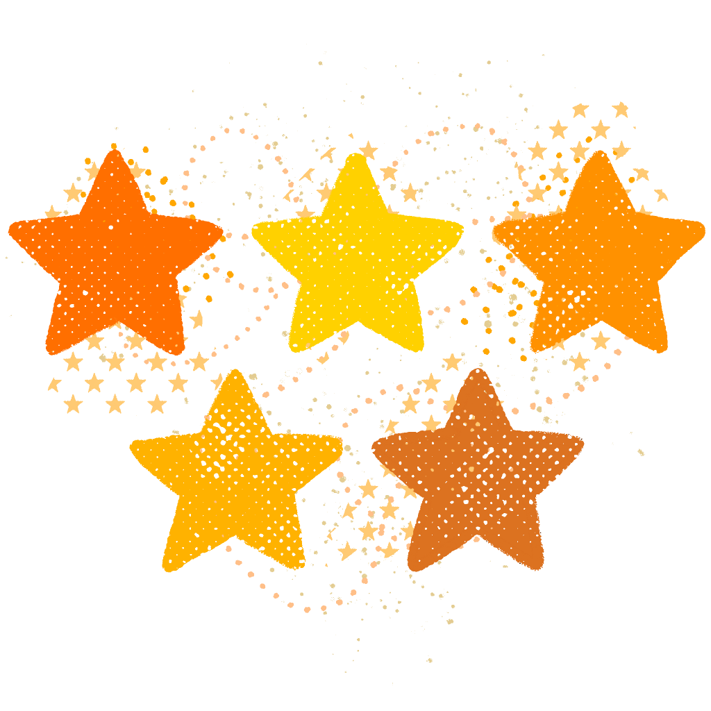 Four stars in orange, yellow, and brown are arranged diagonally against a white background with scattered small orange stars.