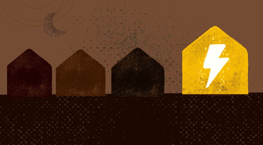 Four house shapes in dark brown, yellow, dark brown, and black are arranged horizontally against a dark brown background with a crescent moon and scattered dots.