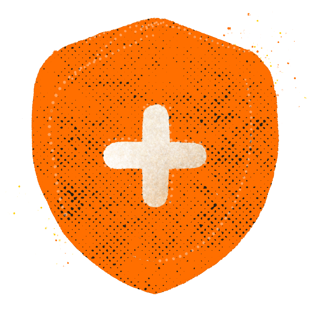 An orange shield with a white cross is centered on a white background, surrounded by small orange dots.