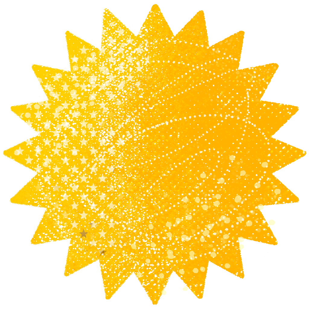 A bright yellow starburst shape composed of small dots and triangles is centered against a white background.