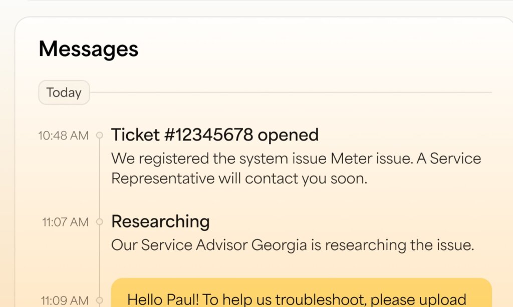 A message from Today at 10:48 AM states a ticket opened with the number #12345678 registered for a Meter issue, with a Service Representative expected to contact soon. Messages from Researching at 11:07 AM and a message from Hello Paul! at 11:09 AM are visible.