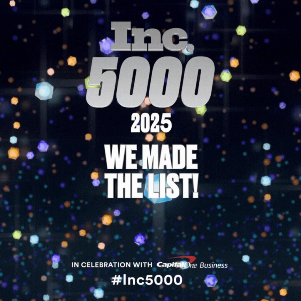 Inc. 5000 celebrates its 2025 anniversary with the statement "WE MADE THE LIST!" against a dark background with multicolored confetti and the hashtag #Inc5000.