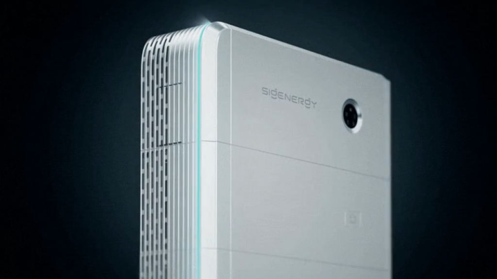 A white SiGENERGY air purifier with a camera lens and vertical vents is shown against a black background.