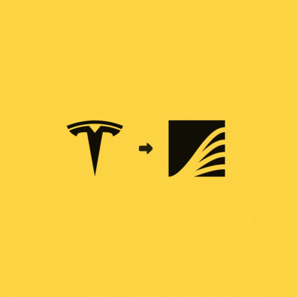 A black Tesla logo is positioned to the left of a black square with a white, curved line design on a yellow background.