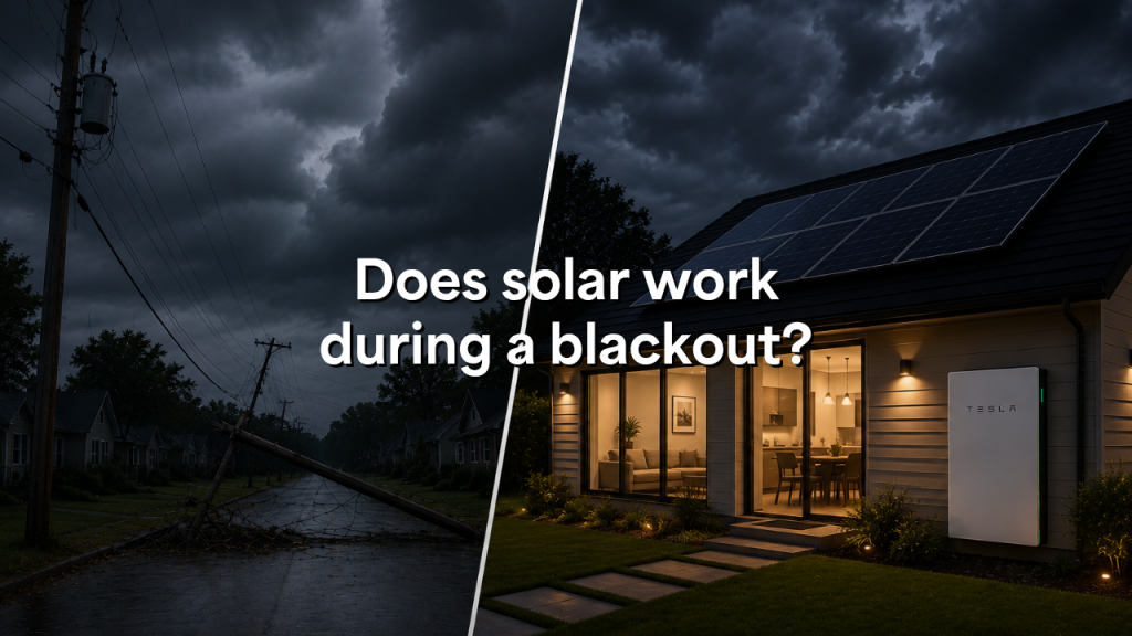 A house with solar panels and a Tesla battery is illuminated at night under a dark, cloudy sky, with the text "Does solar work during a blackout?" overlaid.