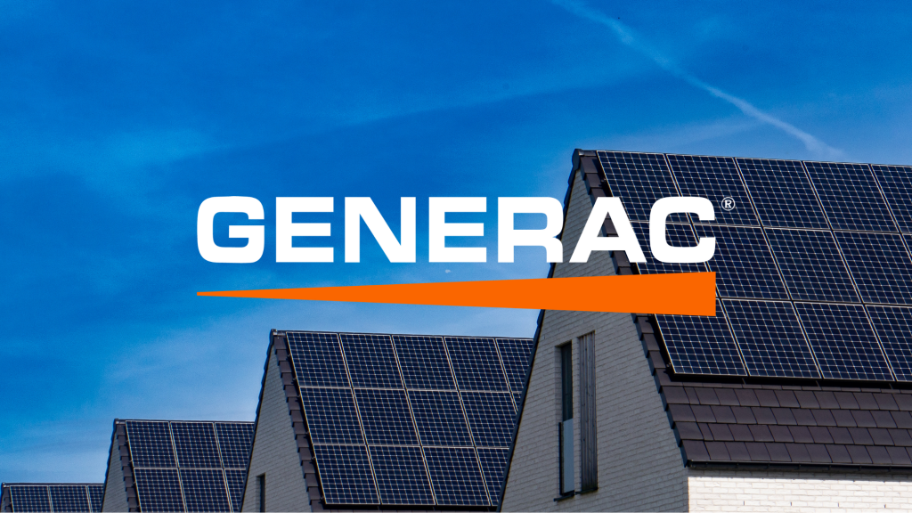 The Generac logo, featuring white text and an orange arrow, is displayed against a backdrop of rooftops with solar panels and a blue sky.