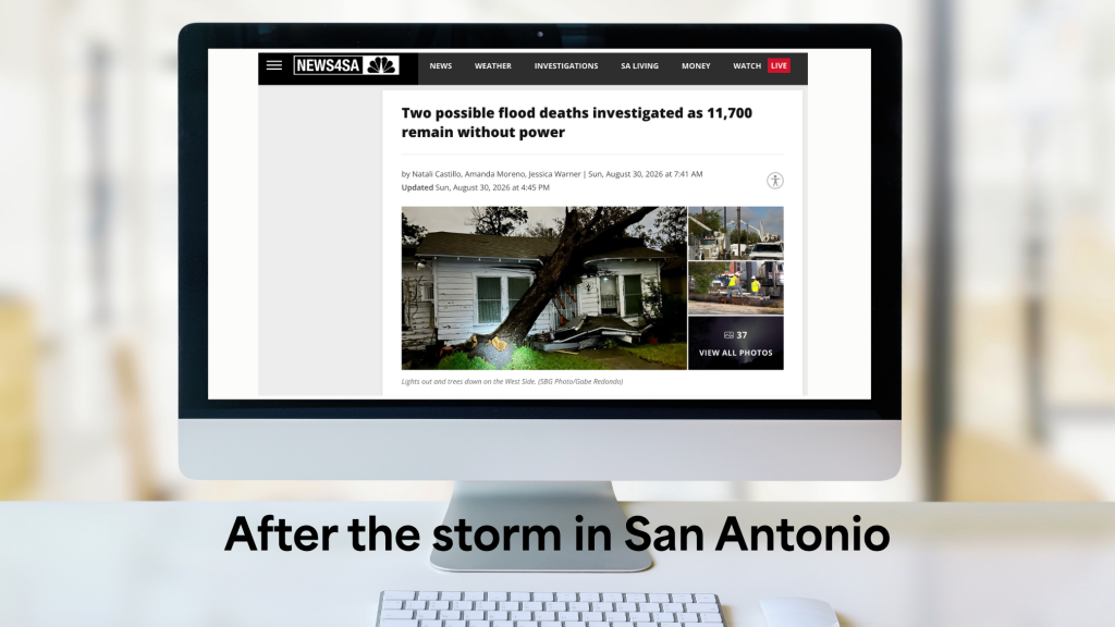 A computer monitor displays a news article about two possible flood deaths in San Antonio, with images of a damaged house and additional photos.