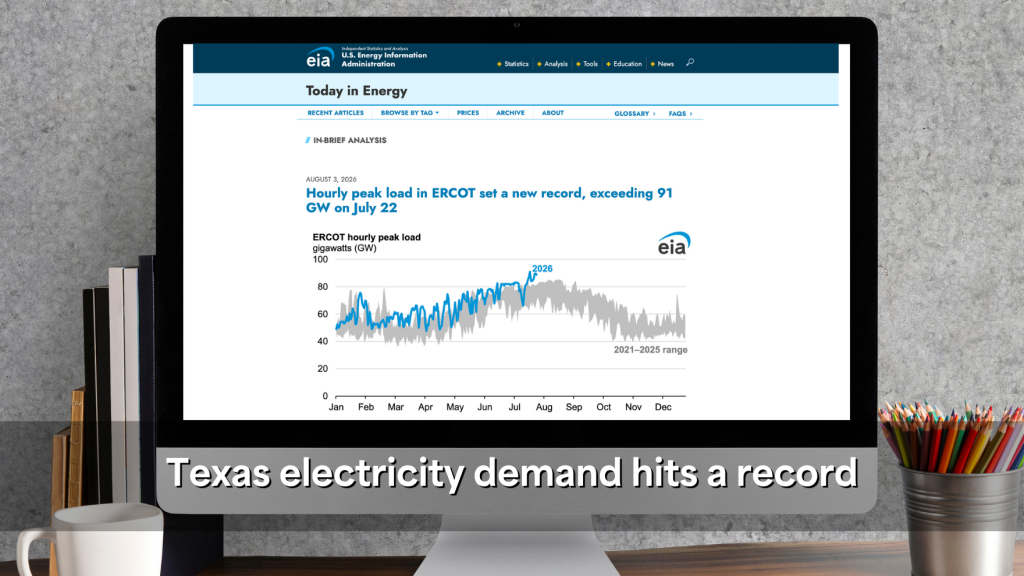 A computer screen displays a graph showing Texas electricity demand hitting a record high on July 22, exceeding 91 GWh. Text at the bottom of the screen reads "Texas electricity demand hits a record.".