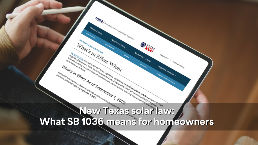 A hand holds a tablet displaying "New Texas solar law: What SB 1036 means for homeowners" against a blurred background.