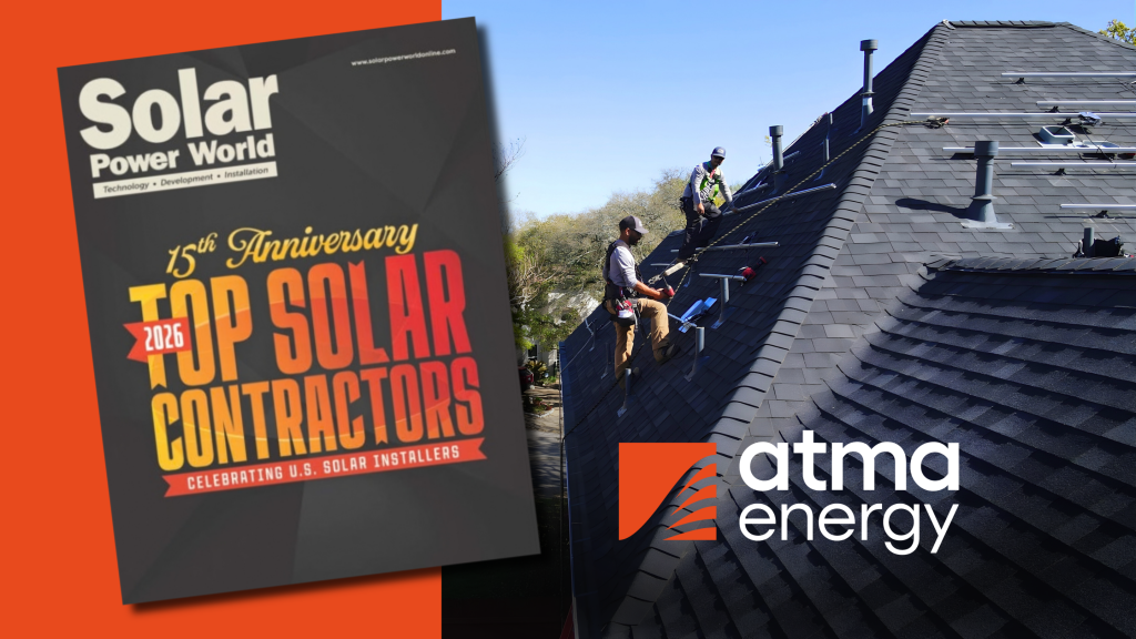 A magazine cover for "Solar Power World" features the text "15th Anniversary TOP SOLAR CONTRACTORS CELEBRATING U.S. SOLAR INSTALLERS" and a logo for "atma energy" with a person on a roof.