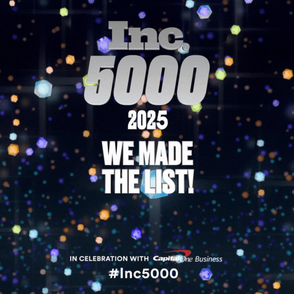 Inc. 5000 celebrates its 5000th anniversary with the message "2025 WE MADE THE LIST!" against a dark background with multicolored confetti.