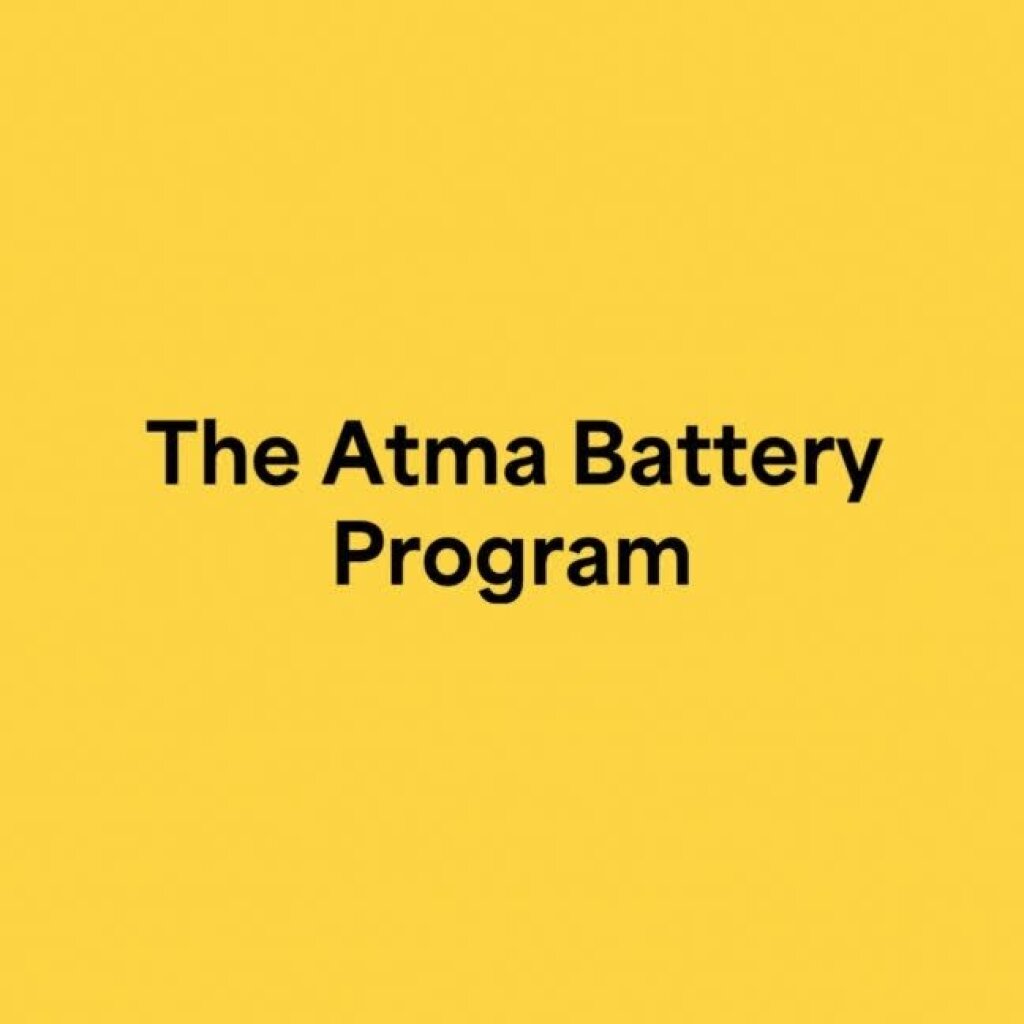 A yellow background with black text reading "The Atma Battery Program".