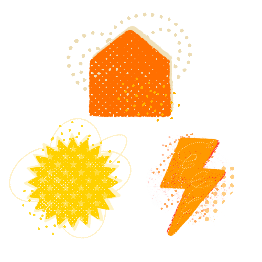 An orange house, a yellow starburst, and a yellow lightning bolt are arranged against a white background.