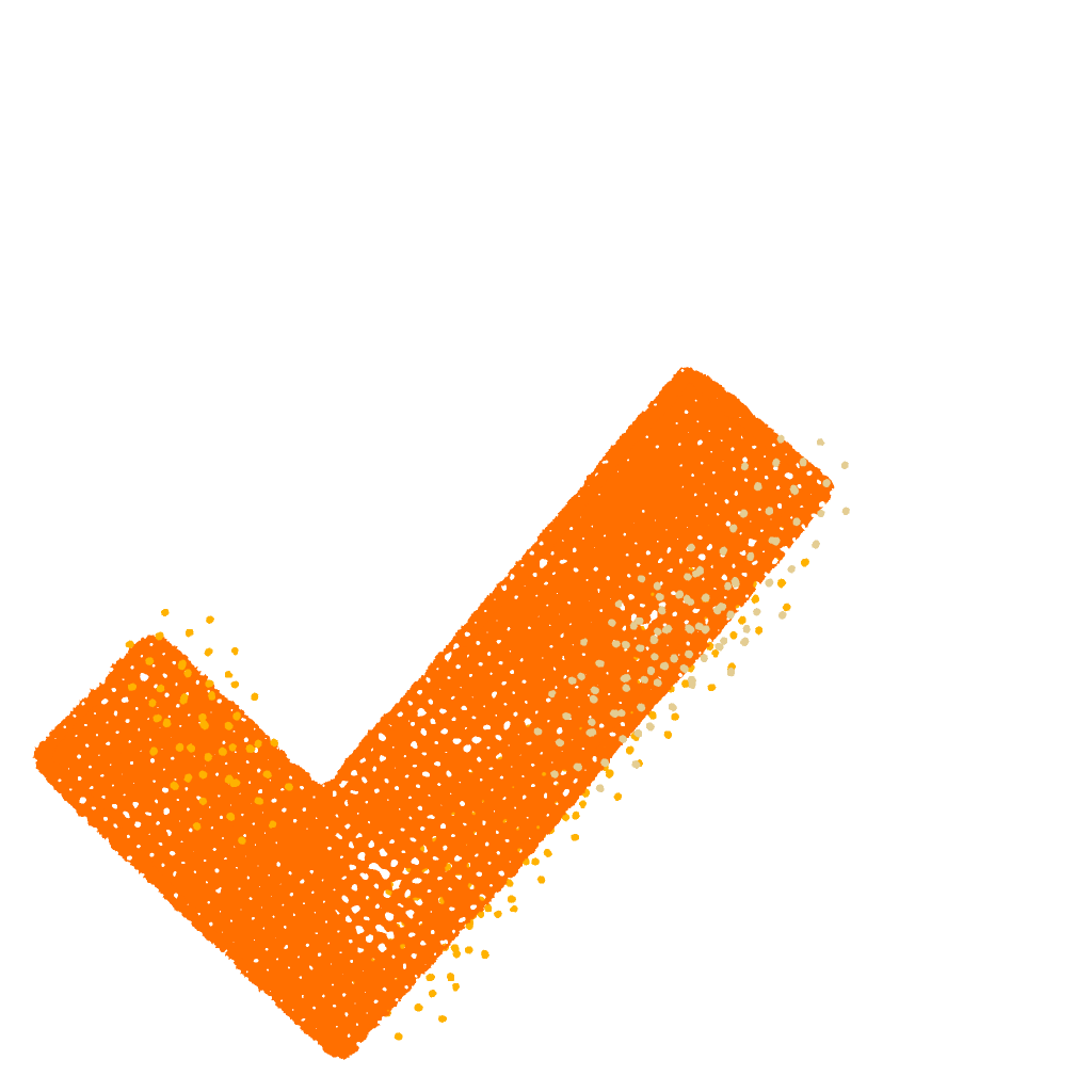 An orange checkmark composed of small dots is centered against a white background.