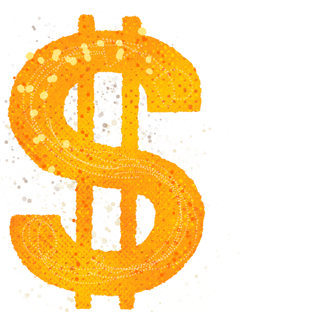 A stylized orange dollar sign with dotted lines is centered against a white background with brown speckles.