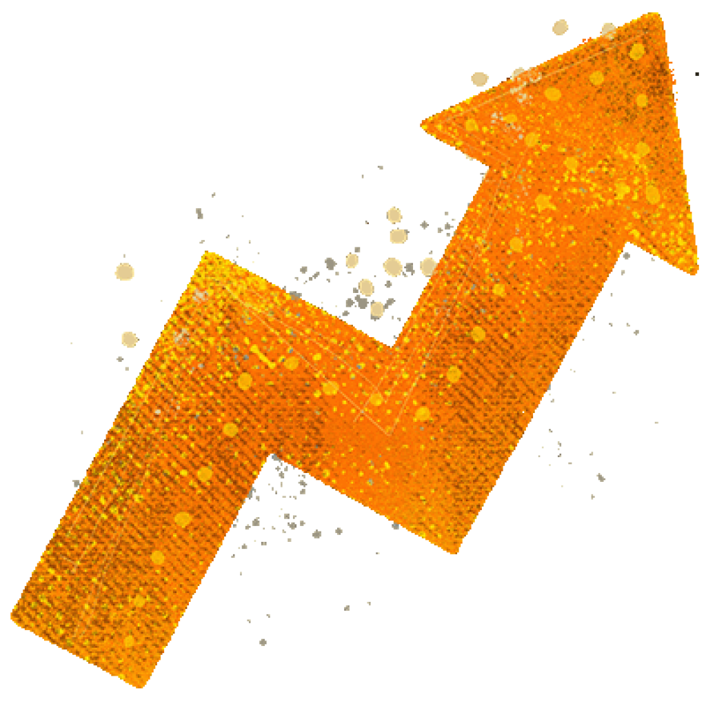 An orange arrow points upward and to the right, composed of small dots and scattered gray speckles against a white background.