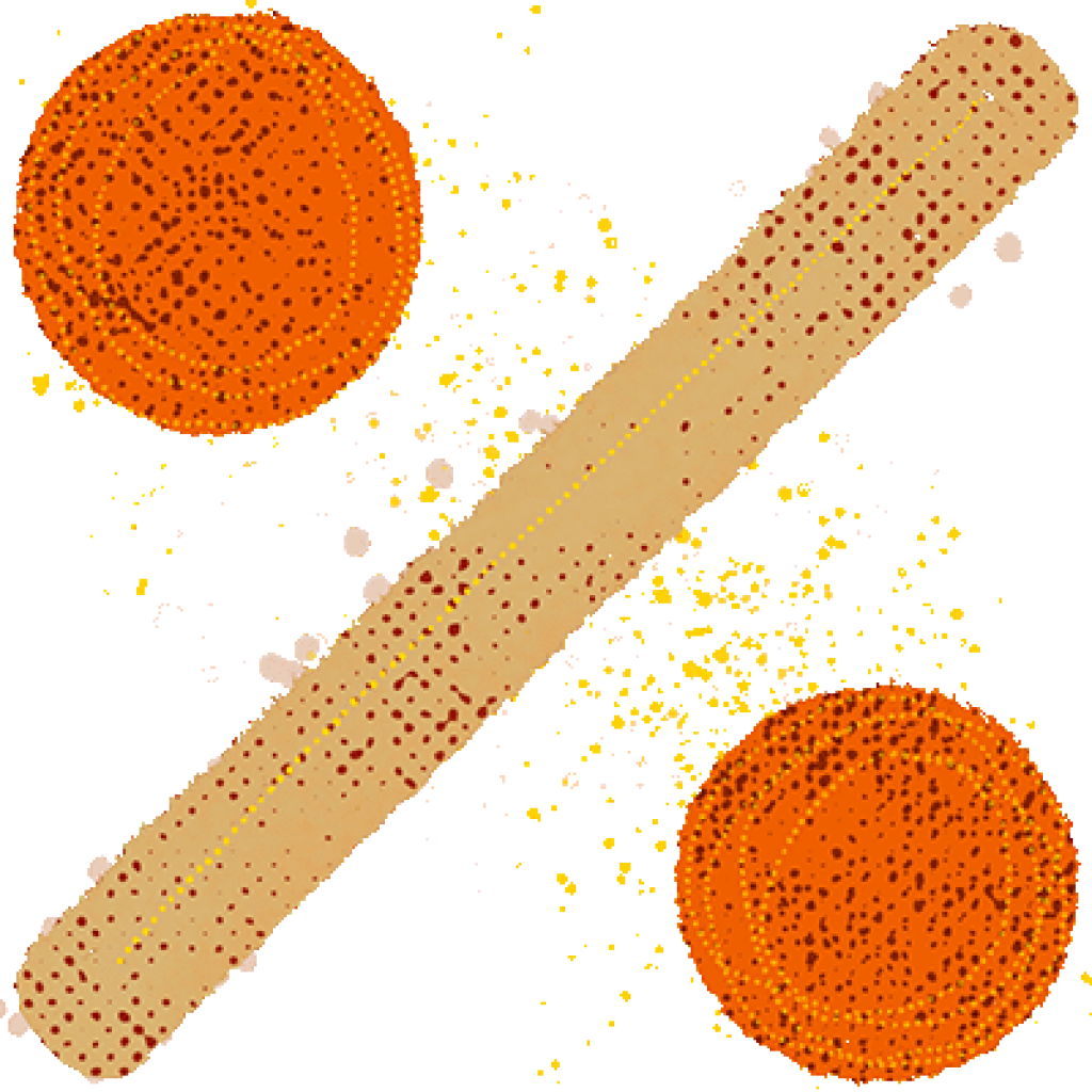 A light brown, dotted cylindrical object intersects two orange circles on a white background, with scattered yellow dots around it.