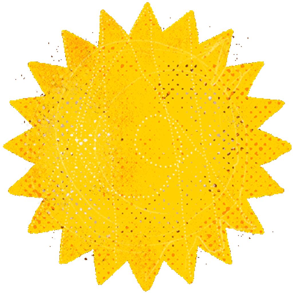 A yellow sun with pointed triangular rays and scattered white dots is centered against a white background.