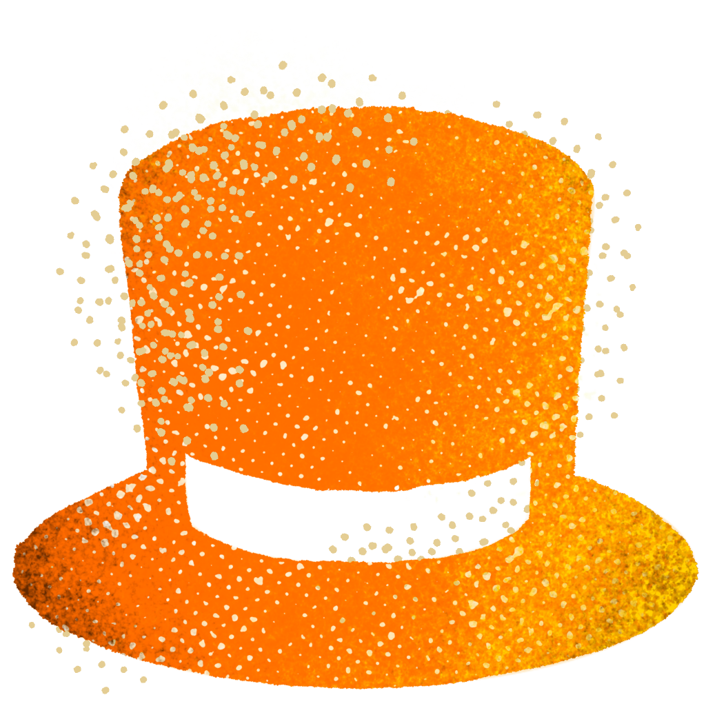 An orange top hat with a white band is centered against a white background, surrounded by small yellow dots.