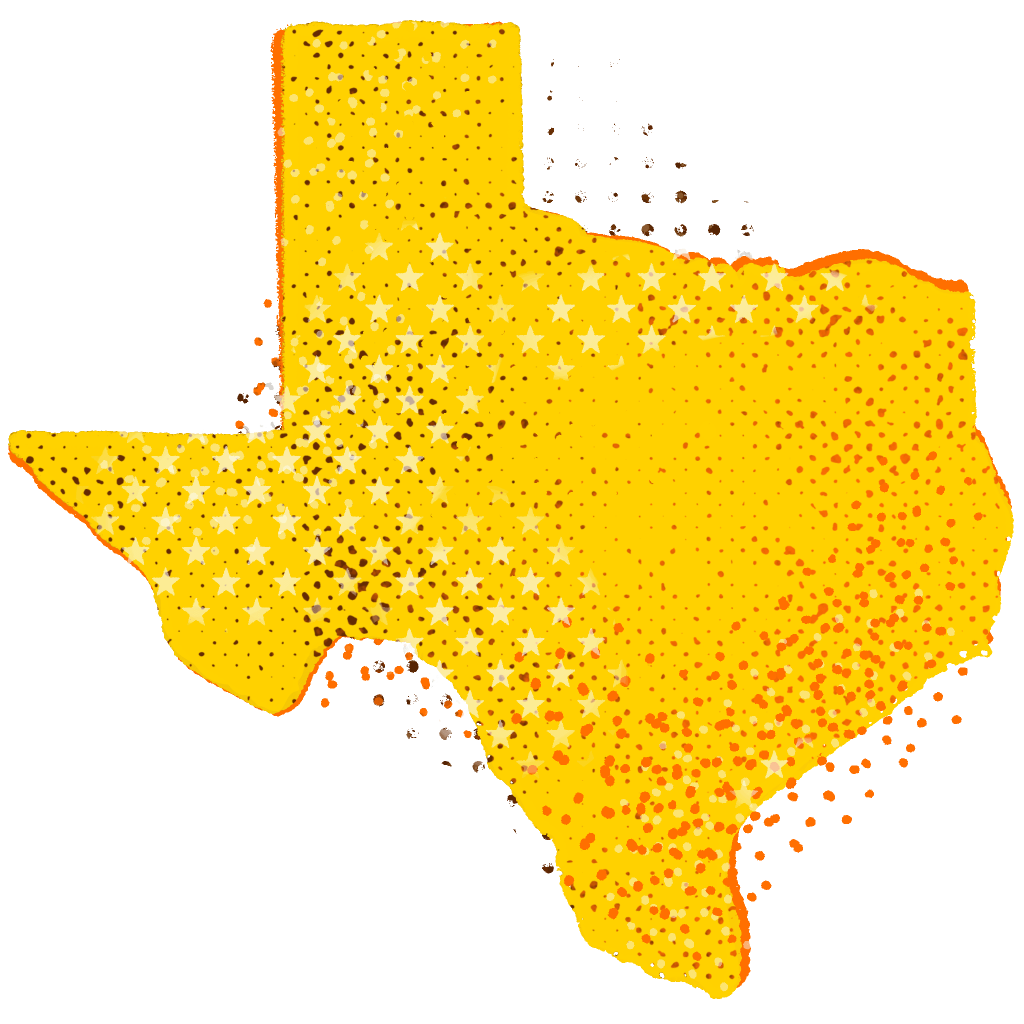 A yellow shape with scattered white stars and orange dots on a white background.