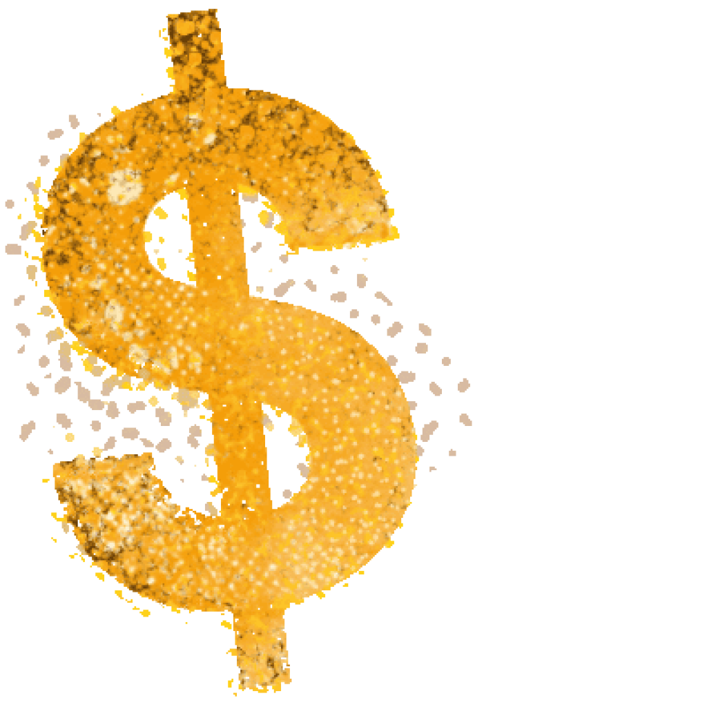A golden dollar sign, slightly tilted and adorned with white splotches, is displayed against a solid green background.