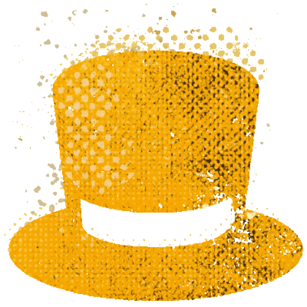 A yellow top hat with black band and white polka dots is depicted against a green background, accompanied by a subtle wave-like pattern.