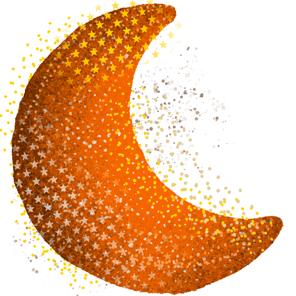 A crescent moon is filled with orange and yellow dots and surrounded by scattered yellow stars on a white background.