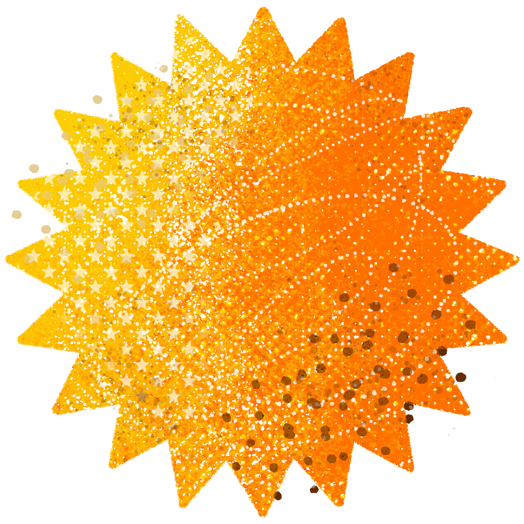 A starburst shape transitions from yellow to orange, with scattered white dots and brown dots at the base against a white background.