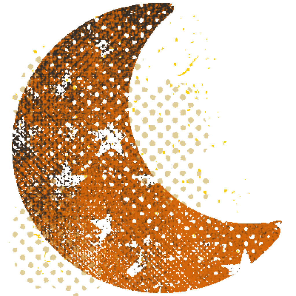 An orange crescent moon, adorned with white stars, is set against a white background, conveying a serene and dreamy night sky feeling.